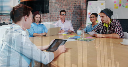 Image of financial data processing over diverse business people in office. Global finance, business,...