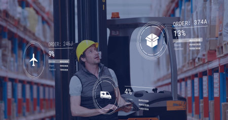 Image of icons and data processing over caucasian man working in warehouse. Global shipping,...