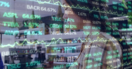 Image of financial data processing over diverse people paying with smartphone. Global business, finances, computing and digital interface concept digitally generated image.の写真素材
