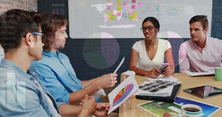Image of financial data processing over diverse business people in office. Global finance, business,...