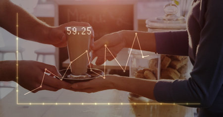 Image of financial data processing over biracial female barista serving coffee. Global business,...