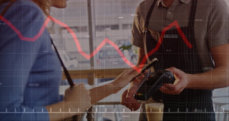 Image of financial data processing over diverse people paying with smartphone. Global business,...