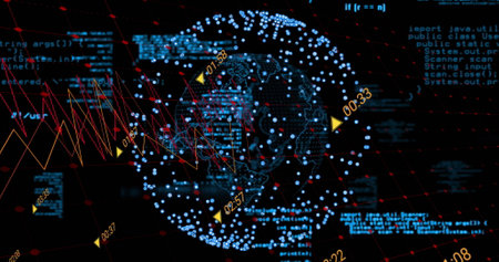 Image of digital data processing over globe. Global connections, computing and data processing...
