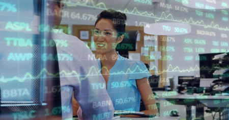 Image of financial data processing over diverse business people in office. Global finance, business,...