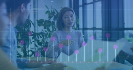 Image of financial data processing over diverse business people in office. Global finance, business,...