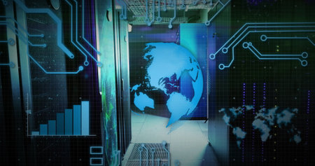 Image of globe with circuit board and digital data processing over computer servers. Global...