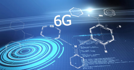 Image of 6g text, scientific data processing over blue background. Global connections, computing and data processing concept digitally generated image.の写真素材
