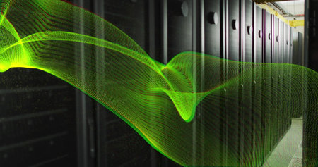 Image of green mesh and digital data processing over computer servers. Global connections, computing...