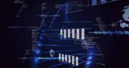 Image of dna strand spinning and data processing on black background. Global science, connections,...
