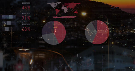 Image of financial data processing over cityscape. Global finance, business, connections, computing...