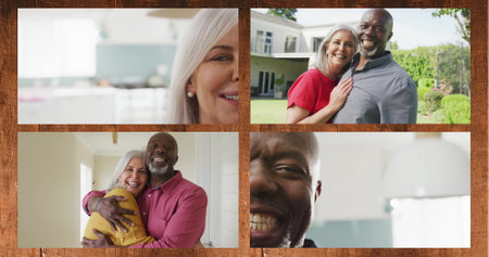 Image of four frames with happy senior diverse couple spending time at home on brown background....