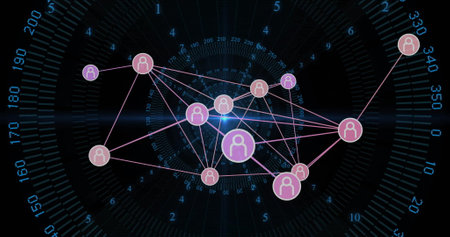 Image of network of connections with icons over data processing on black background. Global...