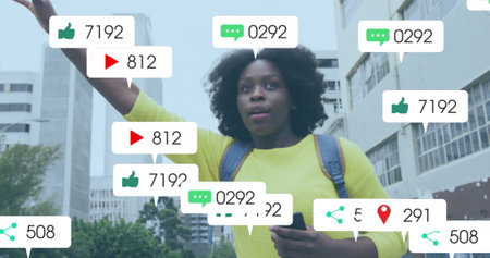 Image of media icons over african american woman hailing taxi in city. Social media and digital...