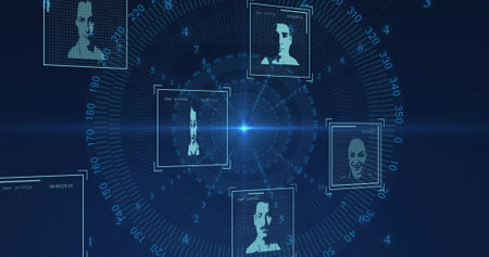 Image of data processing with portraits on black background. Global technology, computing and...