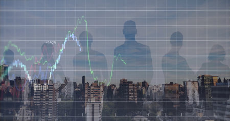 Image of financial data processing over businesspeople and cityscape. Global finance, business,...