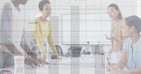 Image of financial data processing over diverse business people in office. Global finance, business,...