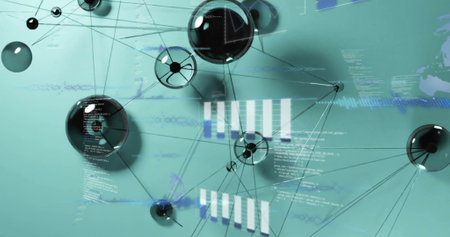 Image of connections and data processing on green background. Global science, connections, computing...