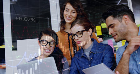 Image of financial data processing over diverse business people in office. Global finance, business,...