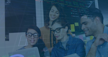 Image of financial data processing over diverse business people in office. Global finance, business,...