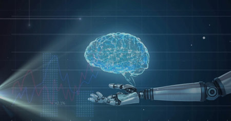 Image of data processing and brain over robotic arm. Technology, business and digital interface...
