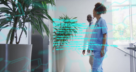 Image of scientific data processing over diverse doctors. Global medicine, science, connections,...