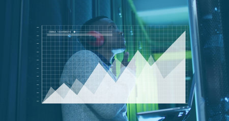 Image of data processing and diagram over biracial male worker in server room. Technology and...