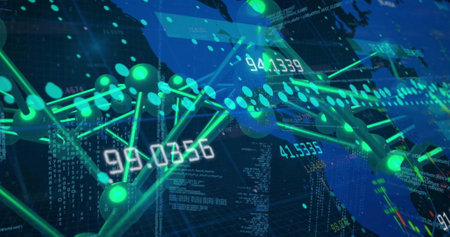 Image of data processing over network of connections on black background. Global technology,...