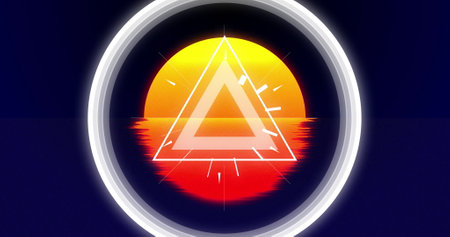 Geometric triangle image over sunset reflecting on water. Abstract, reflection, serene, tranquil, digital art, visualの写真素材