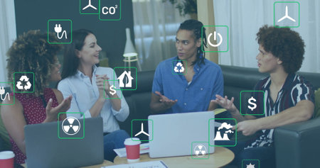 Image of eco icons and data processing over diverse business people in office. Global finance,...