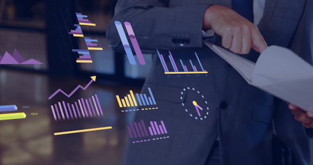 Image of diagrams and data processing over diverse colleagues talking in office. Technology,...