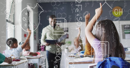 Image of chemical equations over african american male teacher with diverse schoolchildren....