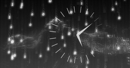 Image of moving clock over network of connections on black background. Global technology, computing,...
