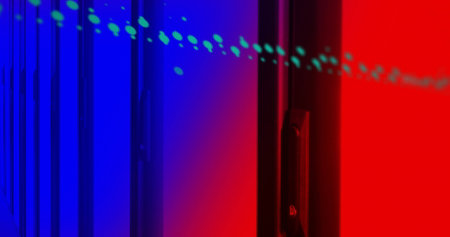 Colorful data points and numbers image over abstract red and blue background. infographic, digital,...