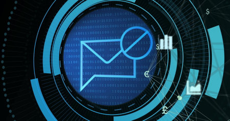 Image of network of connections with icons over envelope. Social media, technology and digital...