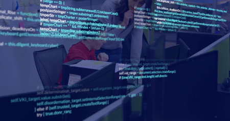 Image of data processing over diverse business people in office. Global finance, business, connections, computing and data processing concept digitally generated image.の写真素材