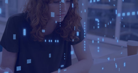 Image of data processing over caucasian businesswoman using computer in office. Global finance,...