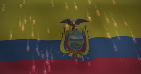 Image of binary coding and data processing over flag of Ecuador. Global finance, business, connections, computing and data processing concept digitally generated image.の写真素材