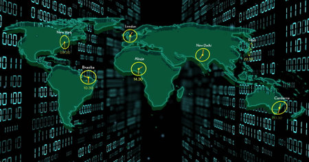 World map with city times image over binary code background. Global, connectivity, technology,...
