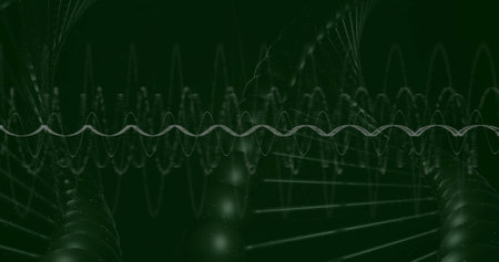Image of spirals over dna strand on black background. Global science, computing and digital interface concept digitally generated image.の写真素材