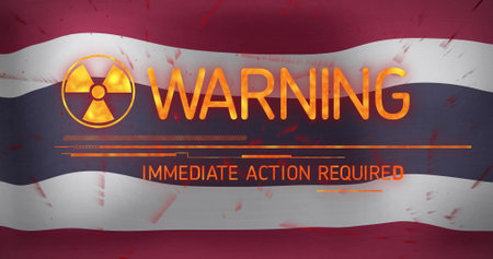 Warning and immediate action required image over waving flag background. Alert, emergency, notification, hazard, security, safetyの写真素材
