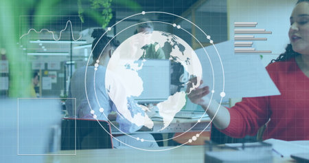 Global network and data analysis image over business meeting in office. Technology, innovation, teamwork, digital, globalization, connectionの写真素材