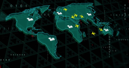 Airplanes and cargo ships over world map, global transportation image. Logistics, international, shipping, freight, aircraft, vehiclesの写真素材