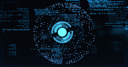 Circular data visualization and coding image over digital background with programming text....