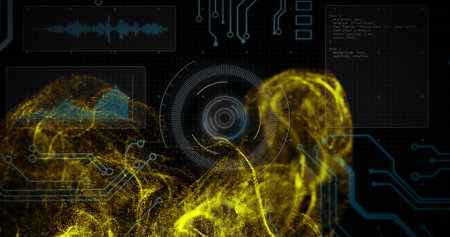 Digital data processing and analysis image over abstract yellow particles. technology, futuristic,...