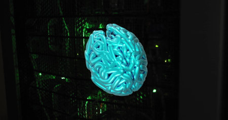 Blue brain model image over dark background with green lights. neuroscience, technology, digital, cyber, futuristic, green glowの写真素材