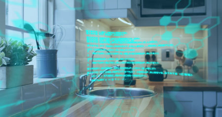 Cleaning kitchen sink, person with sponge over digital data and hexagons image. hygiene, technology, innovation, futuristic, household, sanitationの写真素材