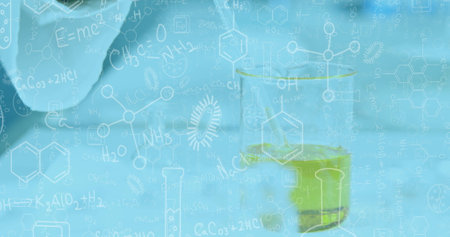 Image of mathematical equations over beaker with liquid in lab. Science, medicine, equations and digital interface concept digitally generated image.の写真素材