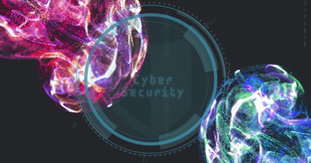 Digital shield and data processing image over colorful abstract shapes. Cybersecurity, data protection, encryption, firewall, digital security, information technologyの写真素材