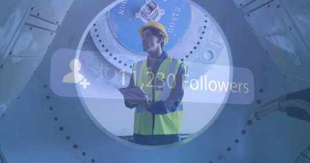 Industrial worker with tablet over 49,006 Followers social media image. Industry, technology,...
