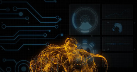 Digital circuit and data visualization over abstract yellow wave image. Technology, futuristic,...